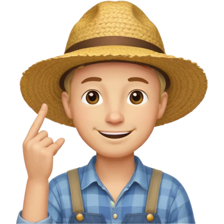“A single emoji-style character combining 👨‍🌾😄 and 🤔: a smiling farmer with a straw hat, one hand under his chin in a strong thinking gesture, eyes looking upward thoughtfully, expressive face, clean flat emoji design, bold outlines, soft colors, transparent background.” emoji