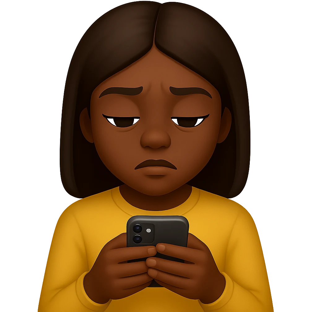 Create an image of a girl addicted to her phone with a deep skin tone in the style of emoji style. The style should reflect the characteristics of emoji style, focusing on the look and feel of emoji illustrations. emoji