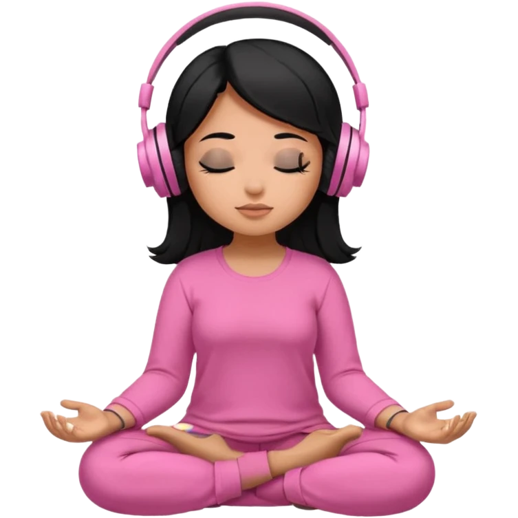 Chica de pelo negro Cabello grande con piel parda con los ojos cerrados escuchando musica en audifonos y con camisa rosa mientras medita emoji