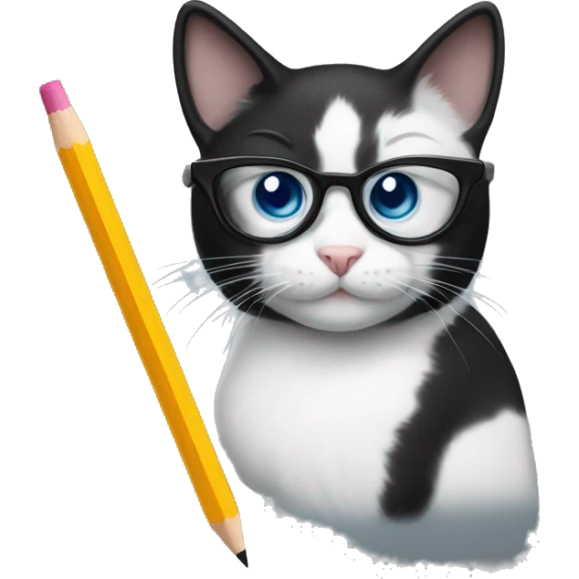 Black and white cat with nerd glasses and a pencil emoji
