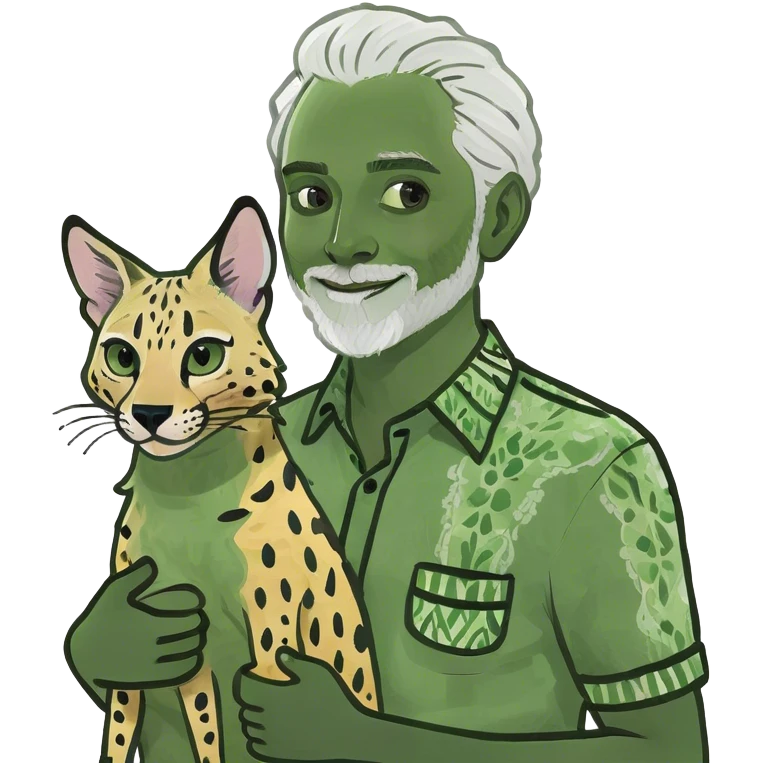 Man with white hair holding one African serval emoji