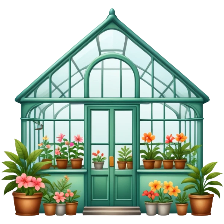 Outside view of an aesthetically pleasing, vintage greenhouse filled with knickknacks and tropical flowers emoji