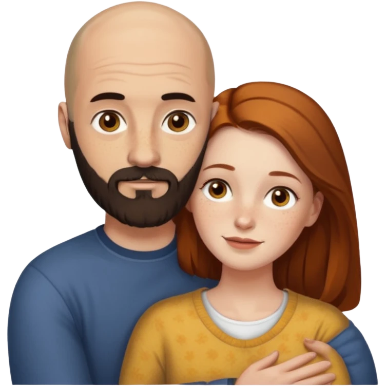Couple. Bald man with dark brown-black beard. White woman with many small, faded freckles, she has white skin and she has auburn-yellow-brown-cinnamon, dark long hair. She has light brown eyes. The man have hazel eyes. Retro style. They hug. emoji