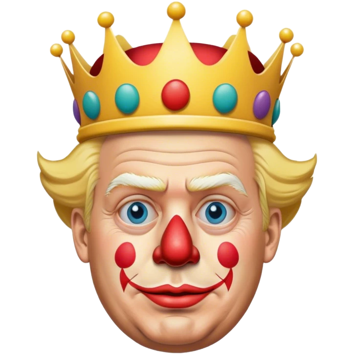 Donald Trump highly detailed, photorealistic as a clown no neck or body, slightly turned to the right. Skin texture, lighting, and facial details should be ultra-realistic, resembling a professional 3D render must look exactly like him. Transparent background. cartoon crown on his head

 emoji