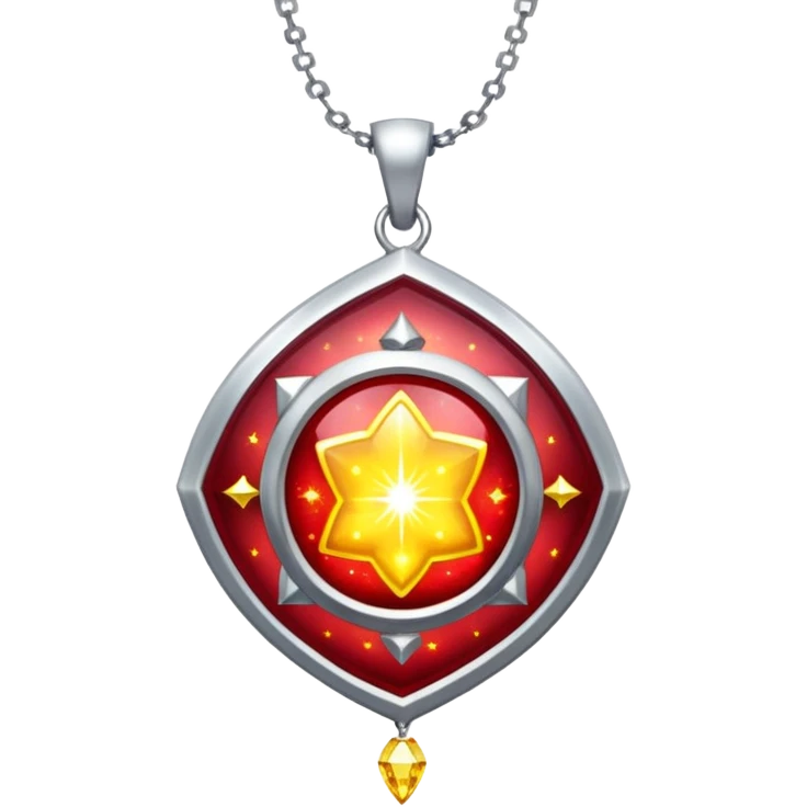 cosmic talisman: red-yellow glowing pendant, liquid silver chain, stardust particles emoji