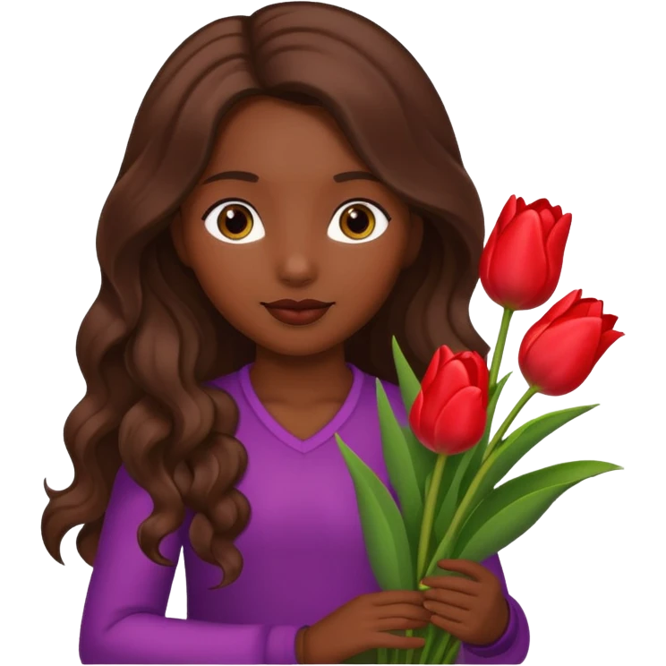 dark girl with light brown long wavy hair holding tulips emoji