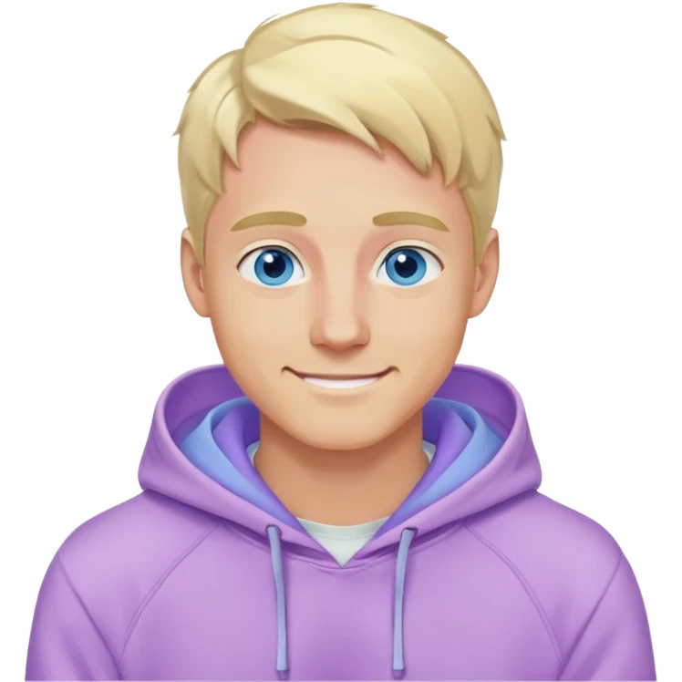 smiling blonde man with blue eyes in a lilac hoodie emoji