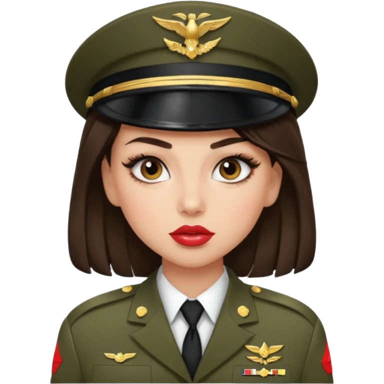 Emoji of a brunette girl in the military with big eyelashes, big lips with gloss, and a sassy face  emoji
