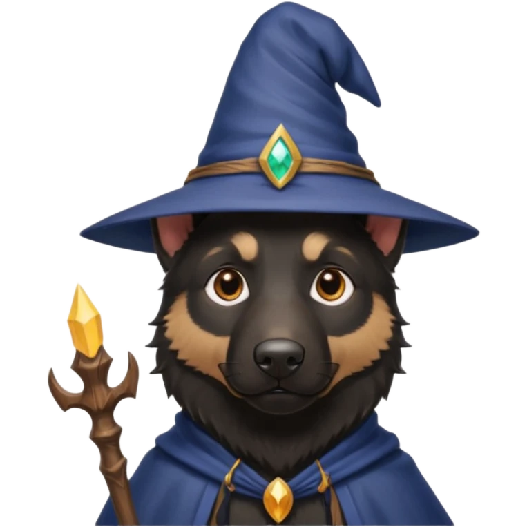 all black german shepherd face wearing a wizard hat and staff emoji