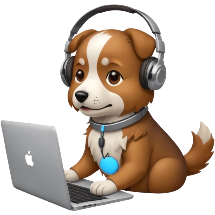 A dog with headphones on  a laptop emoji