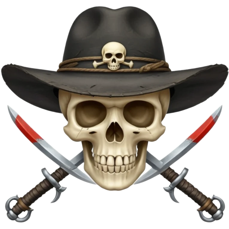 A skull and crossswords wearing a black wide brimmed traveler's hat. emoji