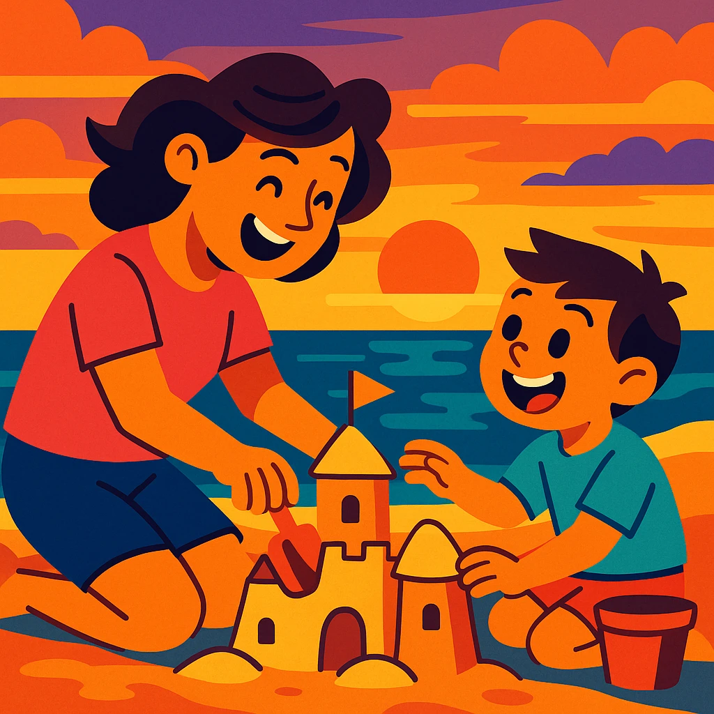 Cartoonish mother and son building a sandcastle together at sunset, playful and joyful emoji