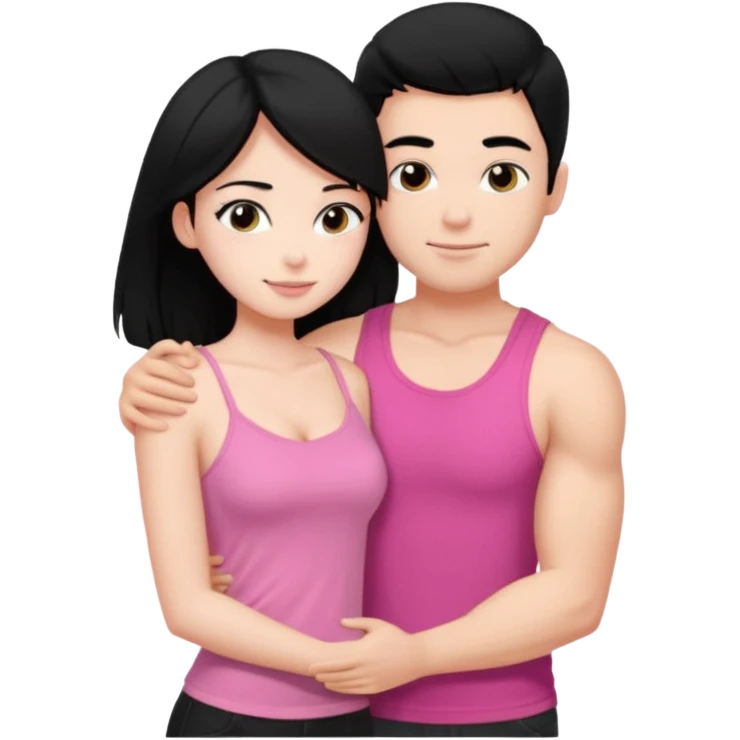 a pretty bratz fair girl. black hair, wearing a pink cami top, she is hugging a handsome fair guy with black hair. lean but muscular. is wearing a black tshirt emoji