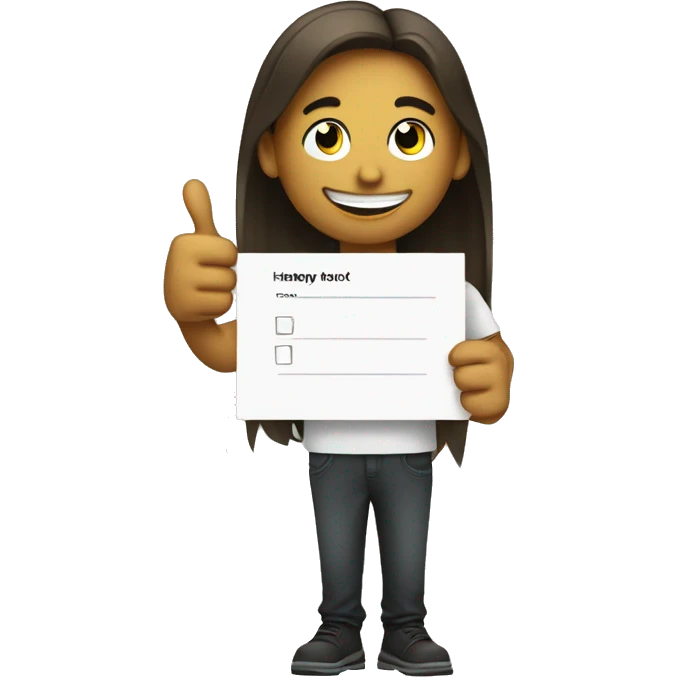 A young person holding a feedback form featuring a happy face emoji and giving a thumbs-up, symbolizing positive feedback emoji