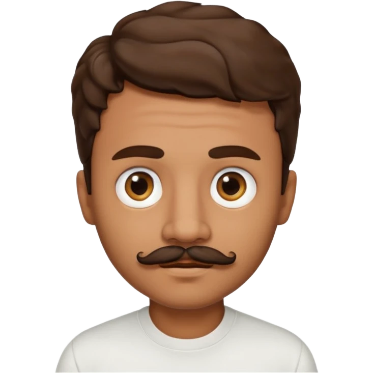 Make a short brown man with a mustache below the nose and on the chin, big eyes, a small mouth, wavy hair, and a white shirt. emoji