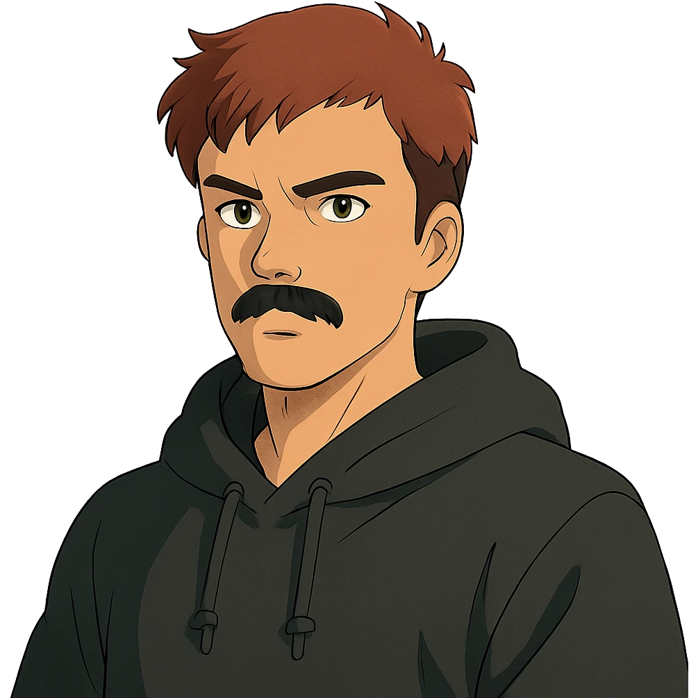 Asian man with black mustache, red hair, wearing a black hoodie, in 80's Japanese cyberpunk anime style emoji