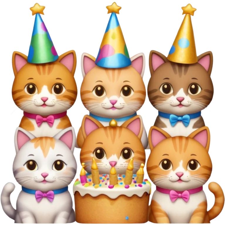 six cats toasting with beer at a 40th birthday party, cake and confetti, emoji style emoji