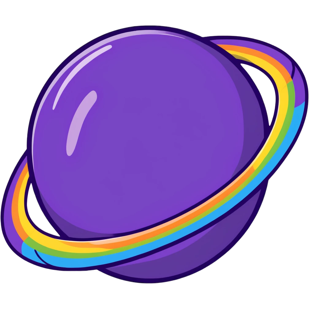 purple planet with colorful rainbow rings surrounding it emoji