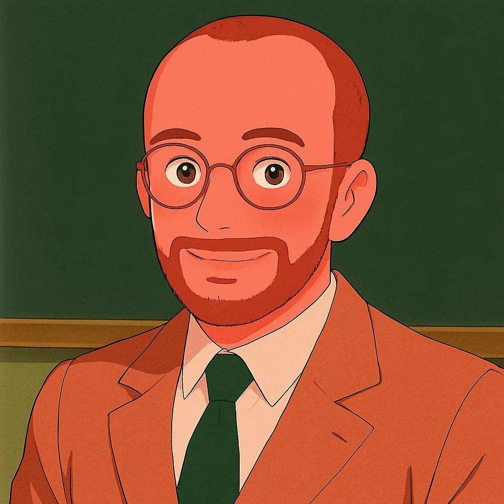 Make the skin much rosier while maintaining the original style of the professor with very short hair, receding hairline, thin beard, and glasses. emoji