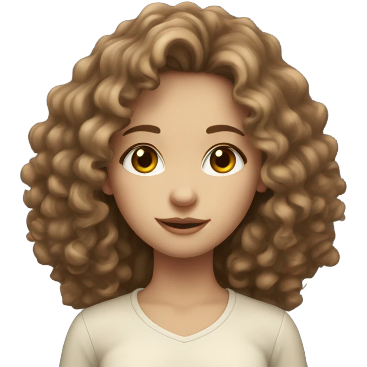 pale girl with long curly brown hair. Brown eyes and a fluffy shirt emoji