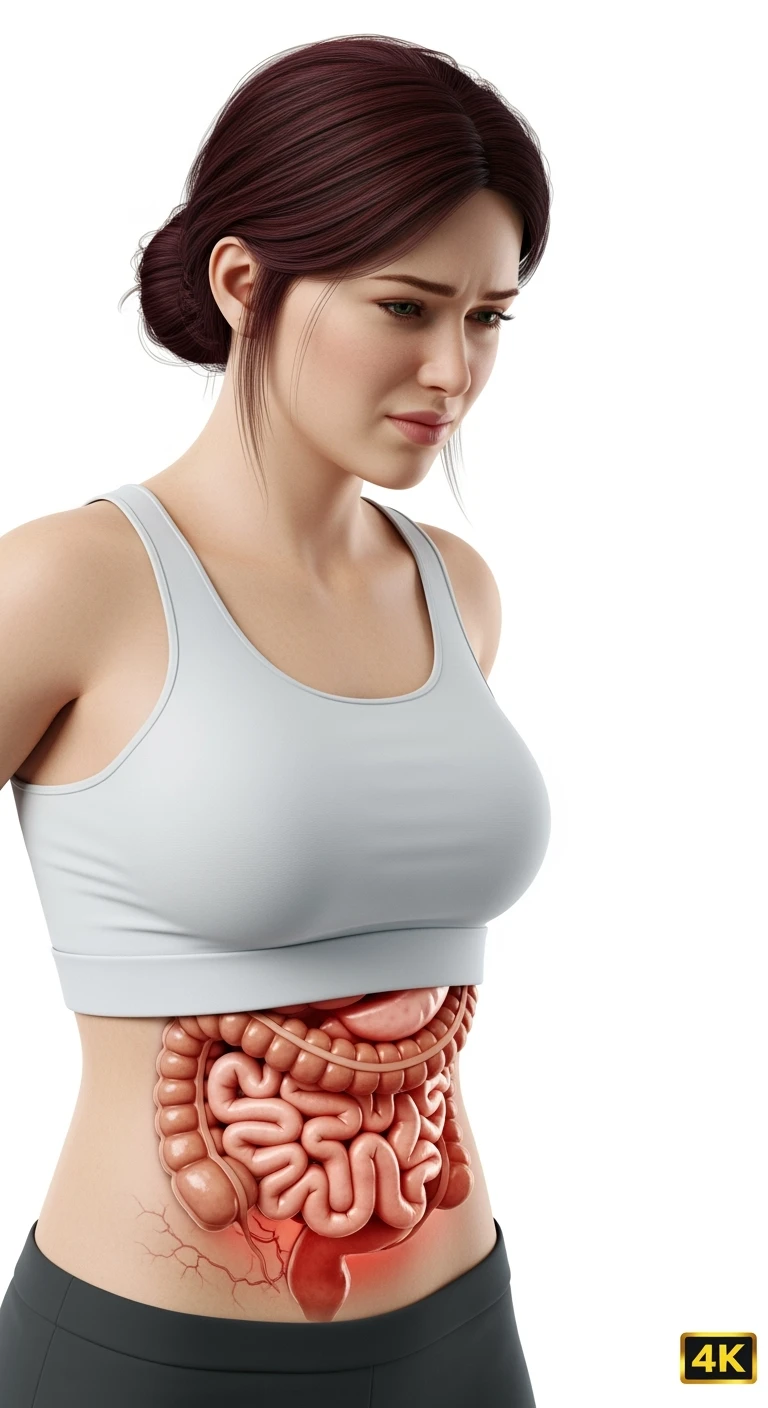 donna con intestino realistico e mal di pancia, iperrealistico 4k, isolata su sfondo bianco emoji