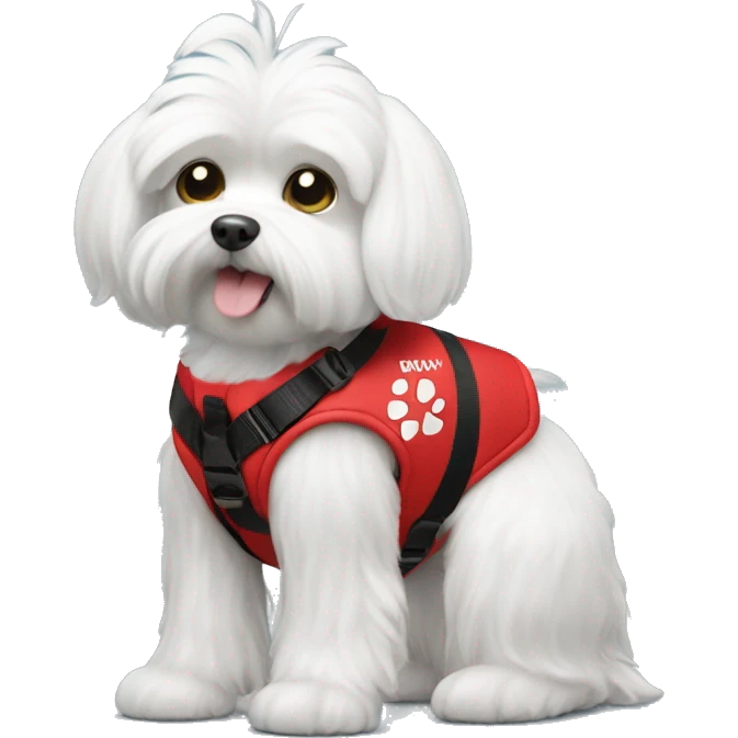 Maltese wearing a red service dog vest with to bleck straps one in the front one around the belly  emoji