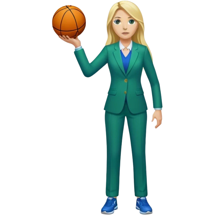 Full Body white female basketball head coach with long blonde hair in a blue and green suit emoji