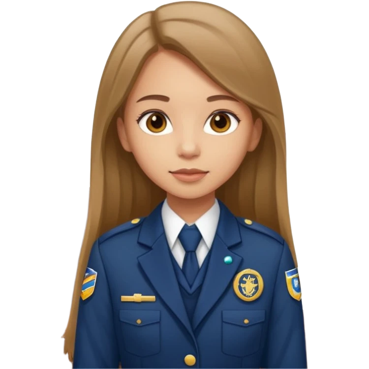 Young girl, long brown straight hair, wearing uniform jacket with hotel name badge, tasteful scarf, stand behind the desk

 emoji