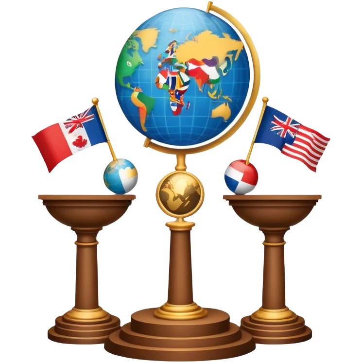 An icon featuring a podium with a speaker, national flags, and voting ballots, symbolizing political science. The design includes a globe and scales of justice in the background, representing governance, global affairs, and political theory. Transparent background emphasizes civic engagement and policy. emoji