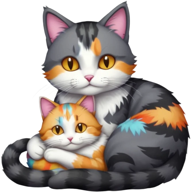full body large dark grey and white cat cuddling a colourful light patched calico + white tabby cat  emoji