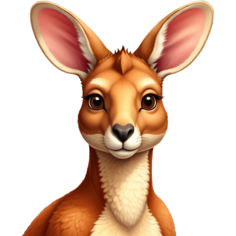 Cinematic Noble Adult Red Kangaroo Portrait Emoji, Poised and regal, with a robust, muscular build, tawny reddish fur, and a distinctive red kangaroo-shaped head featuring a slightly elongated snout, prominent ears, and keen, observant eyes, Simplified yet sharp and sophisticated features, highly detailed, glowing with a warm, sunlit glow, high shine, intelligent and commanding, stylized with an air of outback authority, focused and vigilant, soft glowing outline, capturing the essence of a watchful guardian that seems ready to bound out of the screen with effortless power! emoji