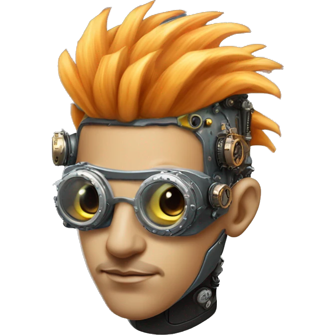 Light orange Mohawk hair male cyborg head with silver steampunk goggles and circuits emoji