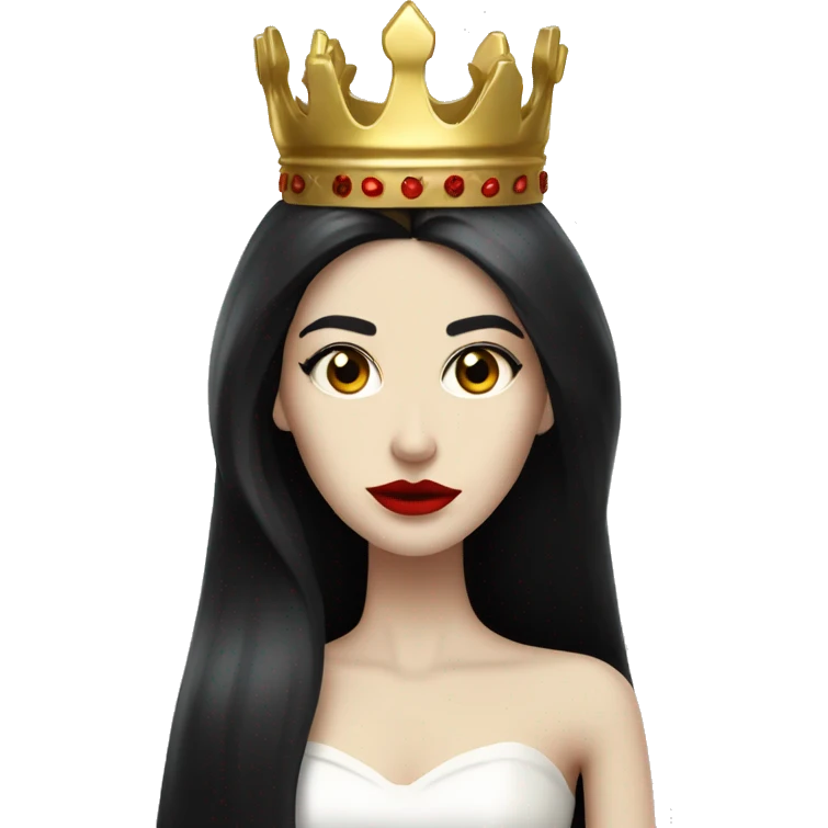 Queen with pale skin, long black hair, bright red lips, skinny gold crown, white dress, and evil stare.  emoji