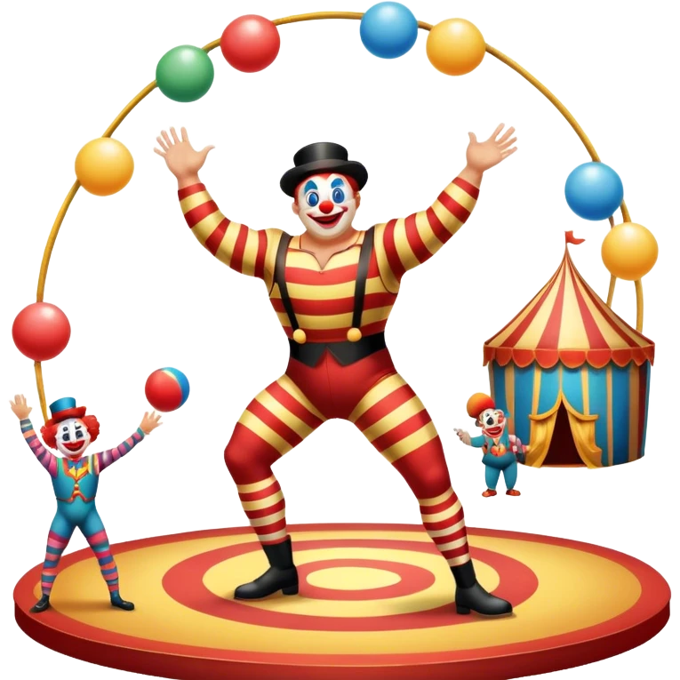 Icon for Circus Arts: a vibrant round circus arena with a strongman in a striped costume,  juggler and a clown performing. The icon should convey the excitement and fun of circus performances, with focus on the performers and the colorful setting. Transparent background. emoji