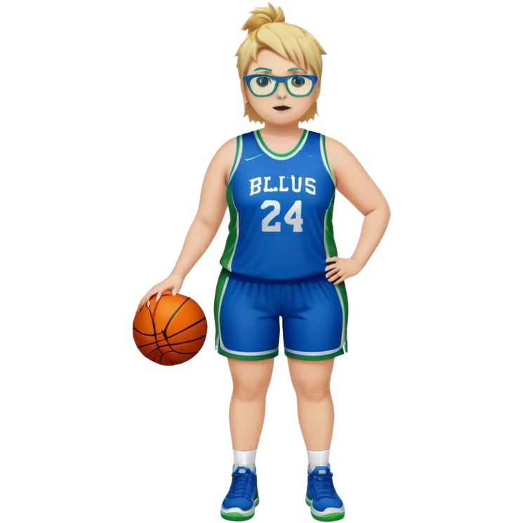Full Body white plus size Girl with basketball spikey short brown and blonde hair  wearing blue glasses with green eyes wearing blue and green basketball uniform emoji
