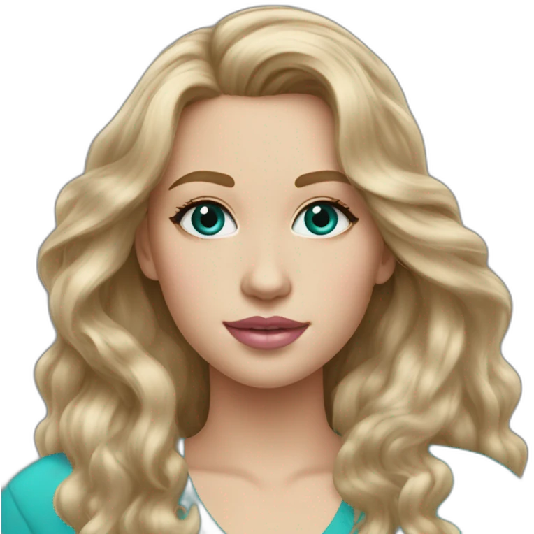 white girl with long wavy dirty blonde hair hazel eyes pink lip gloss turquoise top emoji