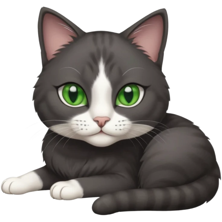 beautiful female solid dark grey cat with green eyes, white toes/paws and white patch on her chest lying down emoji