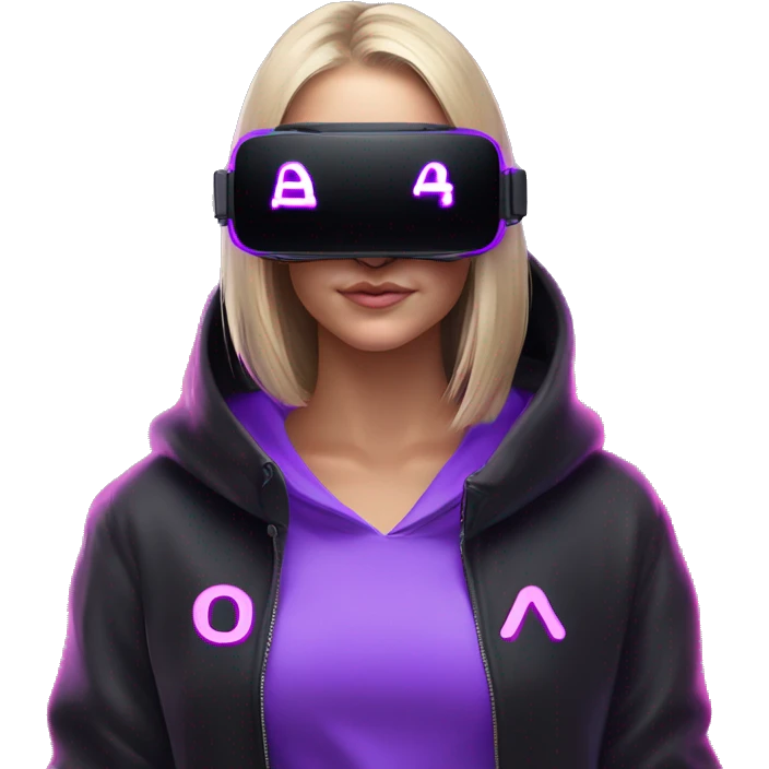 Russian girl wearing black hoody with violet letters "OMG", in vr headset oculus quest2. No eyes on headset. Cyberpunk style. Violet neon. emoji