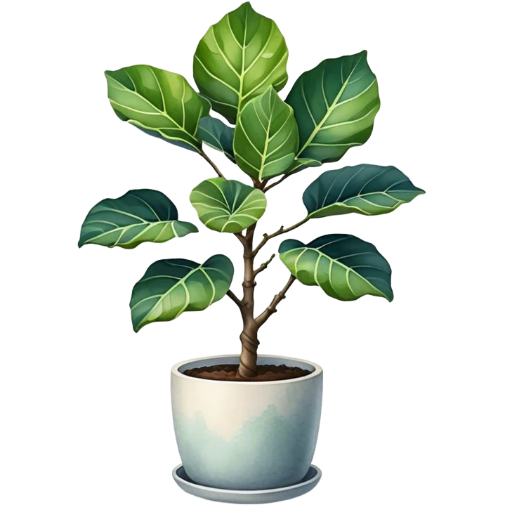 An elegant fiddle-leaf fig tree in a modern minimalist pot, painted in watercolor with realistic shadows and highlights. emoji