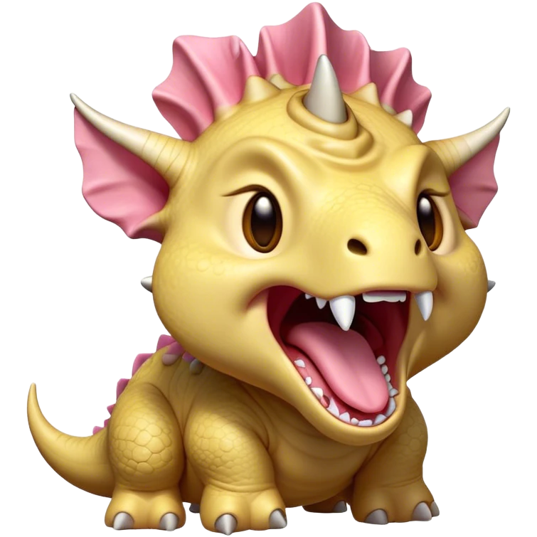 Cinematic Cute Yawning Triceratops Portrait Emoji, Head tilted slightly with a dramatic, wide-open yawn, showcasing a robust, horned body with a frilled head and sleepy, half-closed eyes, Simplified yet irresistibly cute features, highly detailed, glowing with a soft, cozy prehistoric glow, high shine, relaxed yet expressive, stylized with a dash of whimsical ancient charm, soft glowing outline, capturing the essence of a drowsy yet affectionate Triceratops that appears ready to stretch and yawn its way out of the screen! emoji