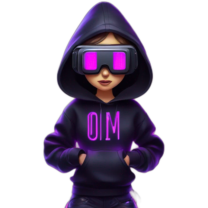 Russian girl wearing black hoody with violet letters "OMG", in vr headset. Cyberpunk style. Violet neon. emoji