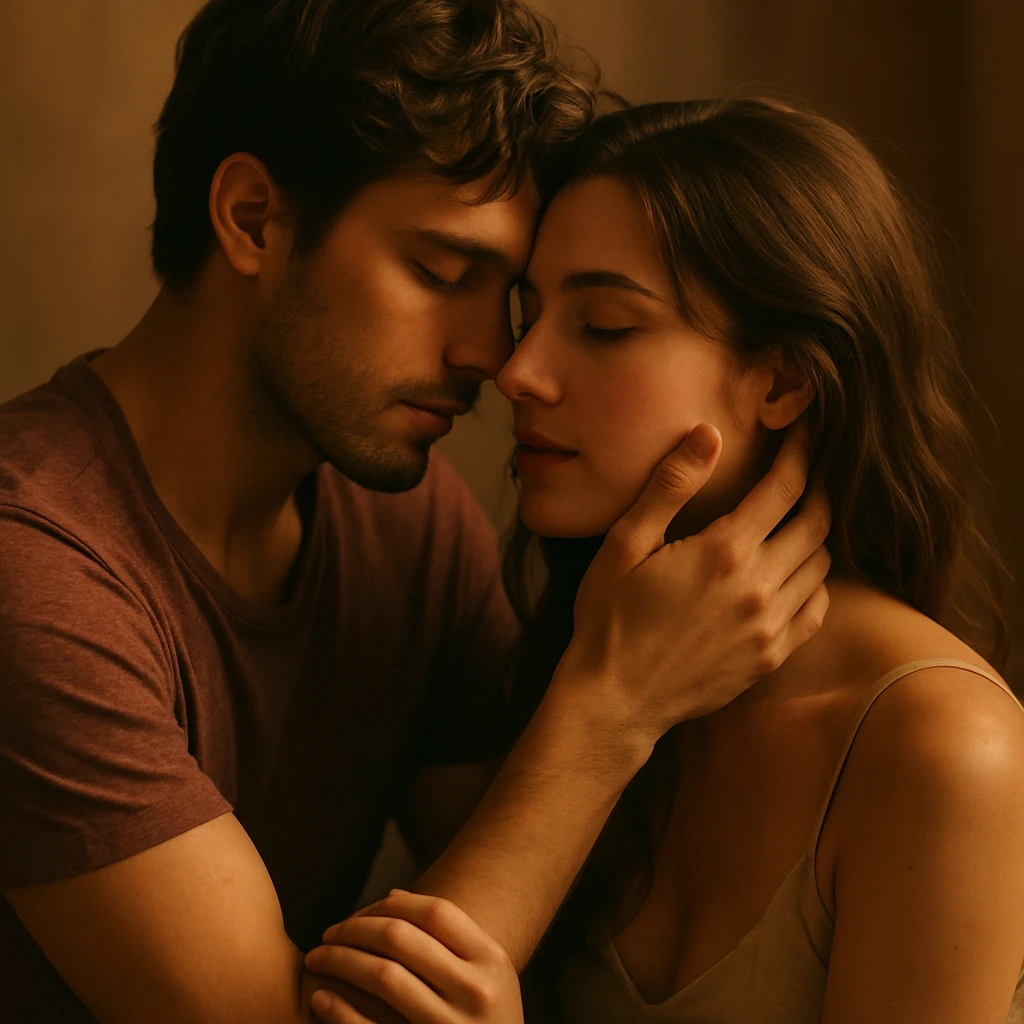 romantic and sensual scene with soft lighting, emphasizing the emotional bond emoji