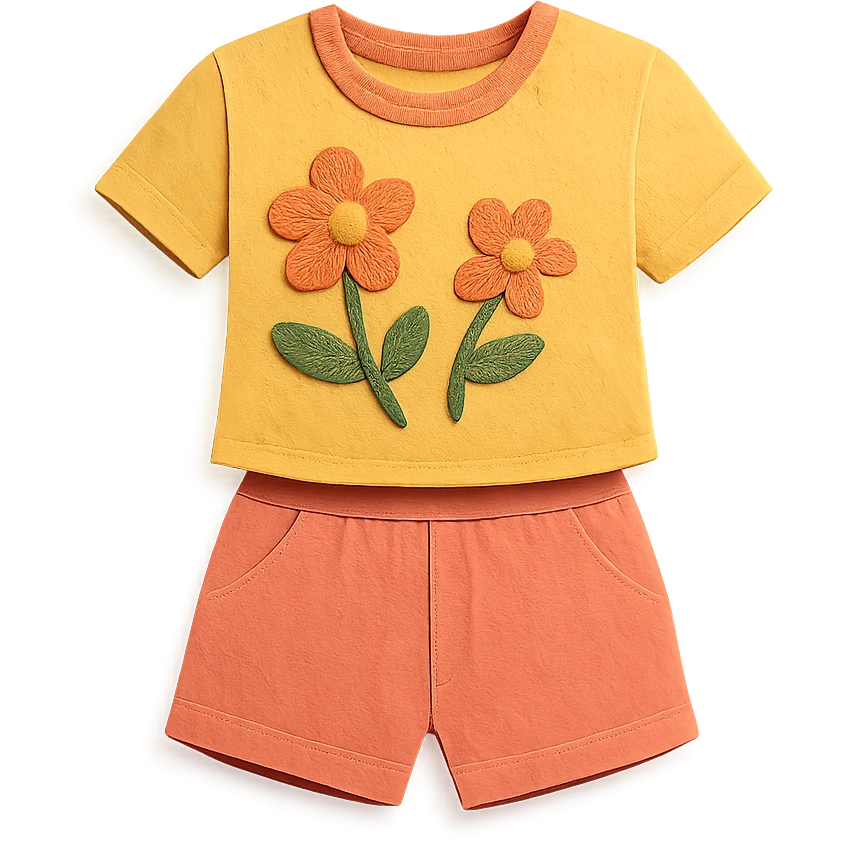 illustration of a women's short and tee shirt set with a floral pattern in paper-craft style emoji
