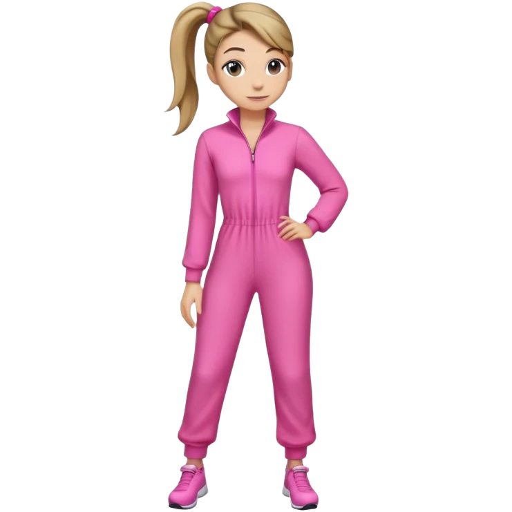Woman dark blond hair ponytail pink  full body jumpsuit  emoji