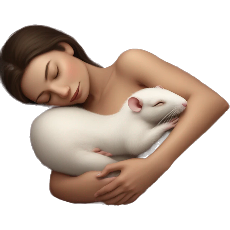 tan skinned white woman with dark brown hair peacefully sleeping and cradling a small delicate white rat with pink eyes in her hands resting it close to her chest. serene and intimate dreamy atmosphere style is soft and realistic emoji