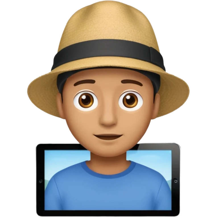 An iPad. On the iPad screen, a video is playing. The video shows a man talking to camera.  emoji