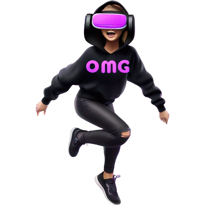 Russian girl wearing black hoody with violet letters "OMG", in vr headset oculus quest2. jumping. Cyberpunk style. Violet neon. emoji
