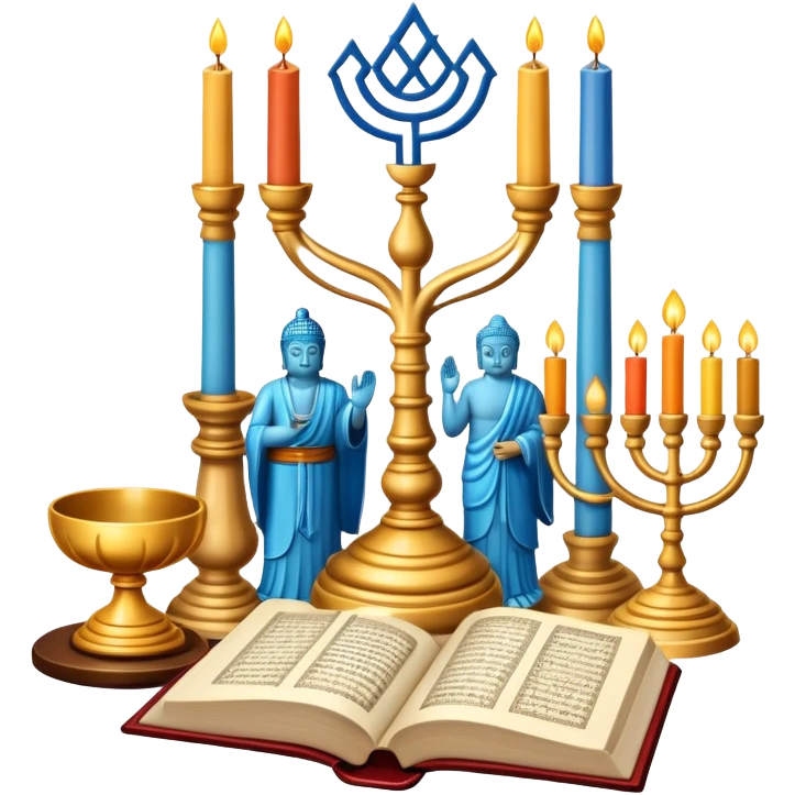 An icon featuring a Torah scroll, Menorah, Bible, Orthodox cross, Quran, and a Buddha statue, symbolizing the study of religions. The design includes diverse religious symbols arranged harmoniously, representing global faiths and spiritual practices. Transparent background emoji