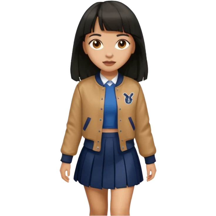 black color long hair with fringe, light skin long hair girl with brown varsity jacket,  navy long long skirt walking

 emoji