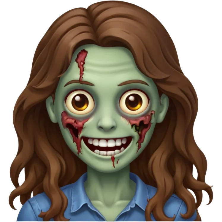 zombie com cabelo ondulado longo marrom e sem franja fofa sorrindo emoji
